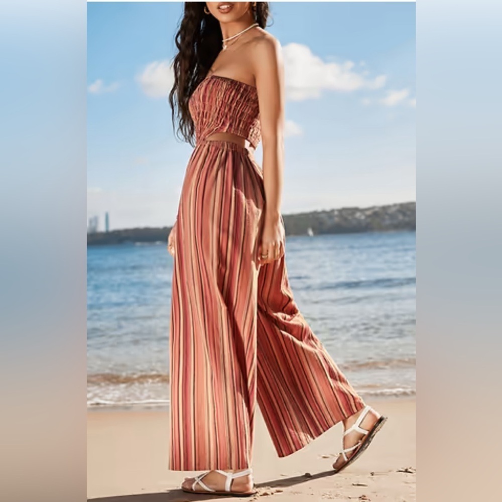 Cupshe Striped Smocked Wide Leg Tube Jumpsuit Women’s Size L